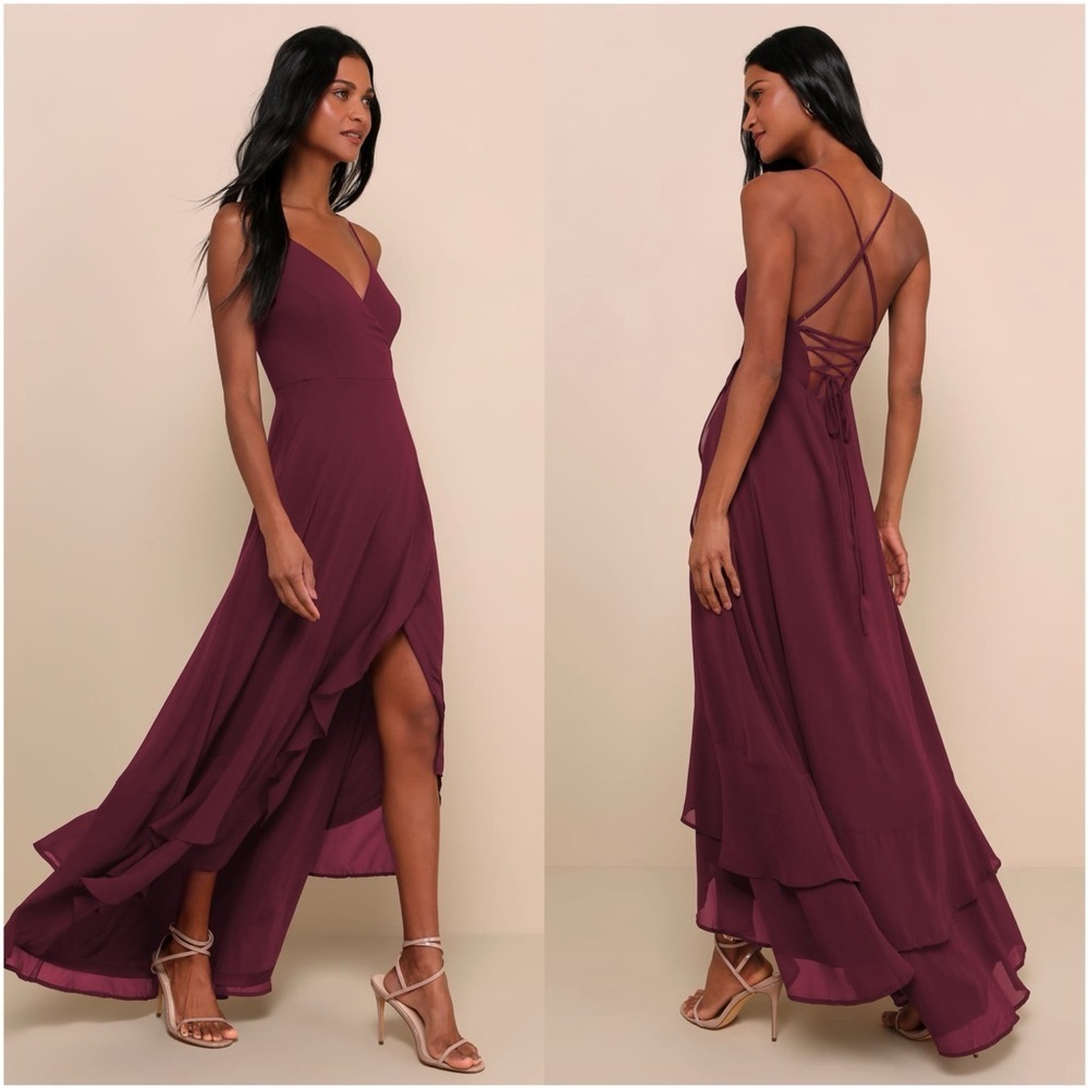 LULU'S In Love Forever Plum Lace-Up High Low Maxi Dress